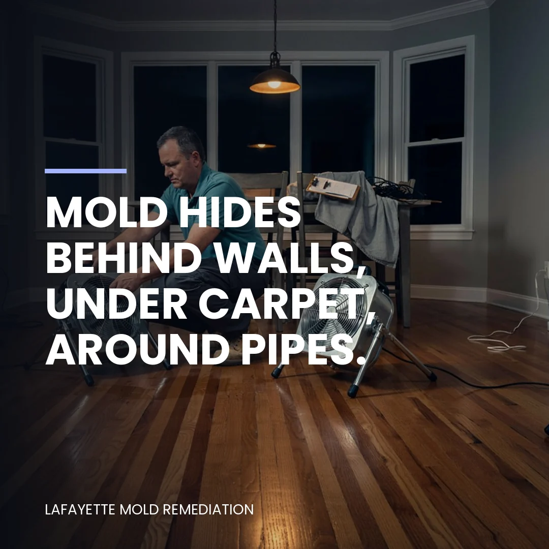 Mold hides behind walls, under carpet, around pipes.